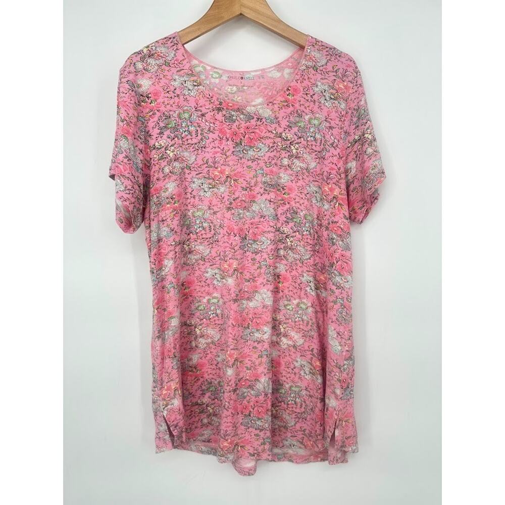 April Cornell Pink Floral Tunic Knit Top Size Small Short Sleeve Cottagecore